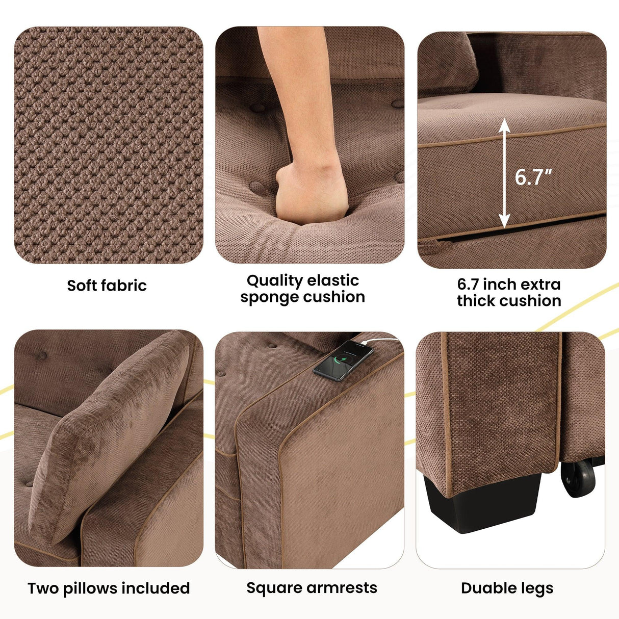 66.5" Upholstered Loveseat With Pull Out Bed, Two Throw Pillows, Dual USB Charging Port and Adjustable Backrest - Brown - Furniture Home Direct