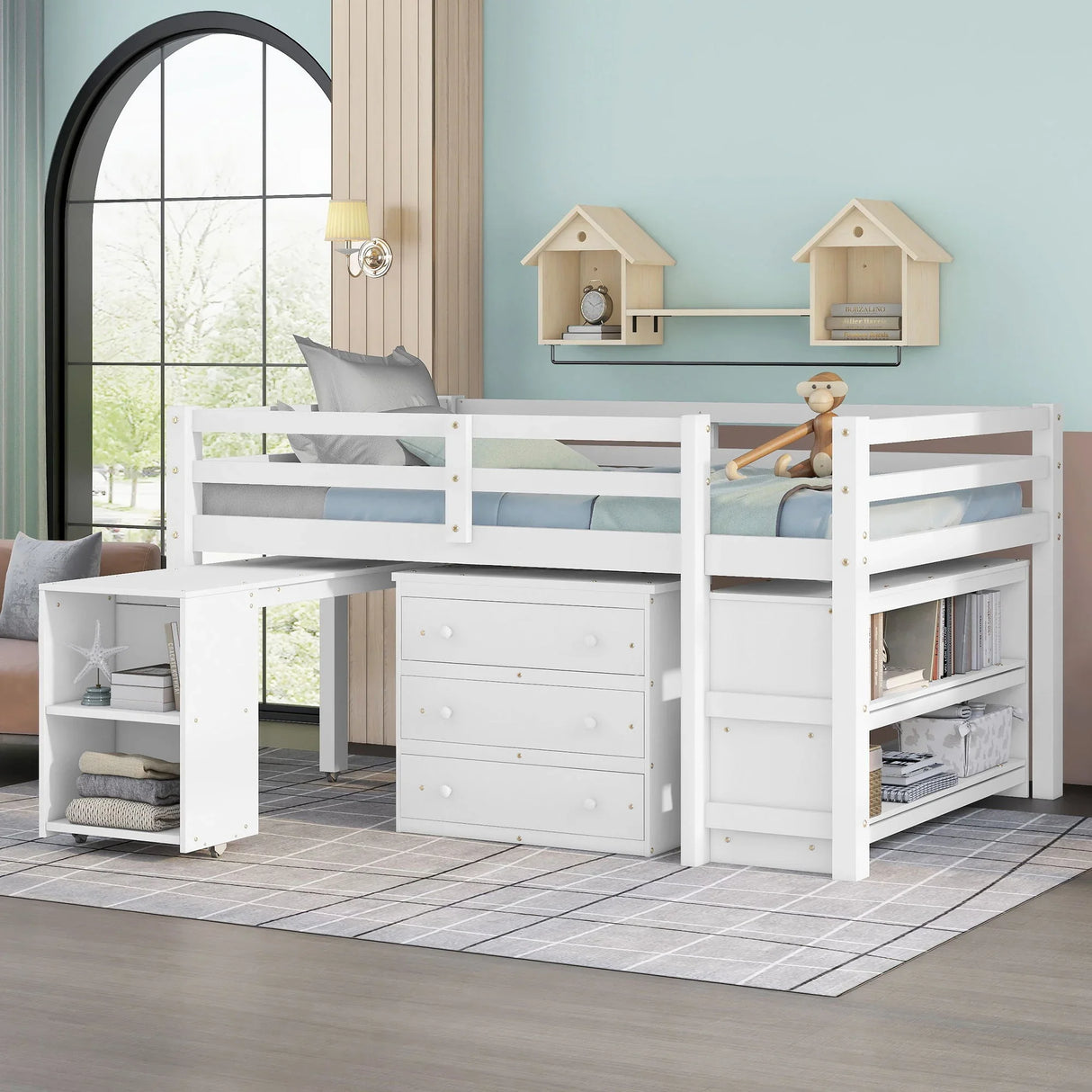 Loft Low Study Bed With Cabinet, Shelves And Rolling Portable Desk, Multiple Functions - Furniture Home Direct