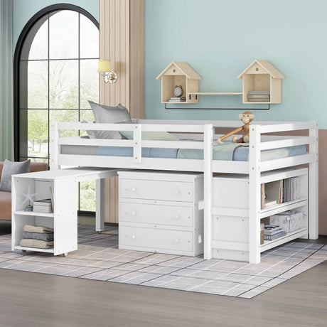 Loft Low Study Bed With Cabinet, Shelves And Rolling Portable Desk, Multiple Functions - Furniture Home Direct