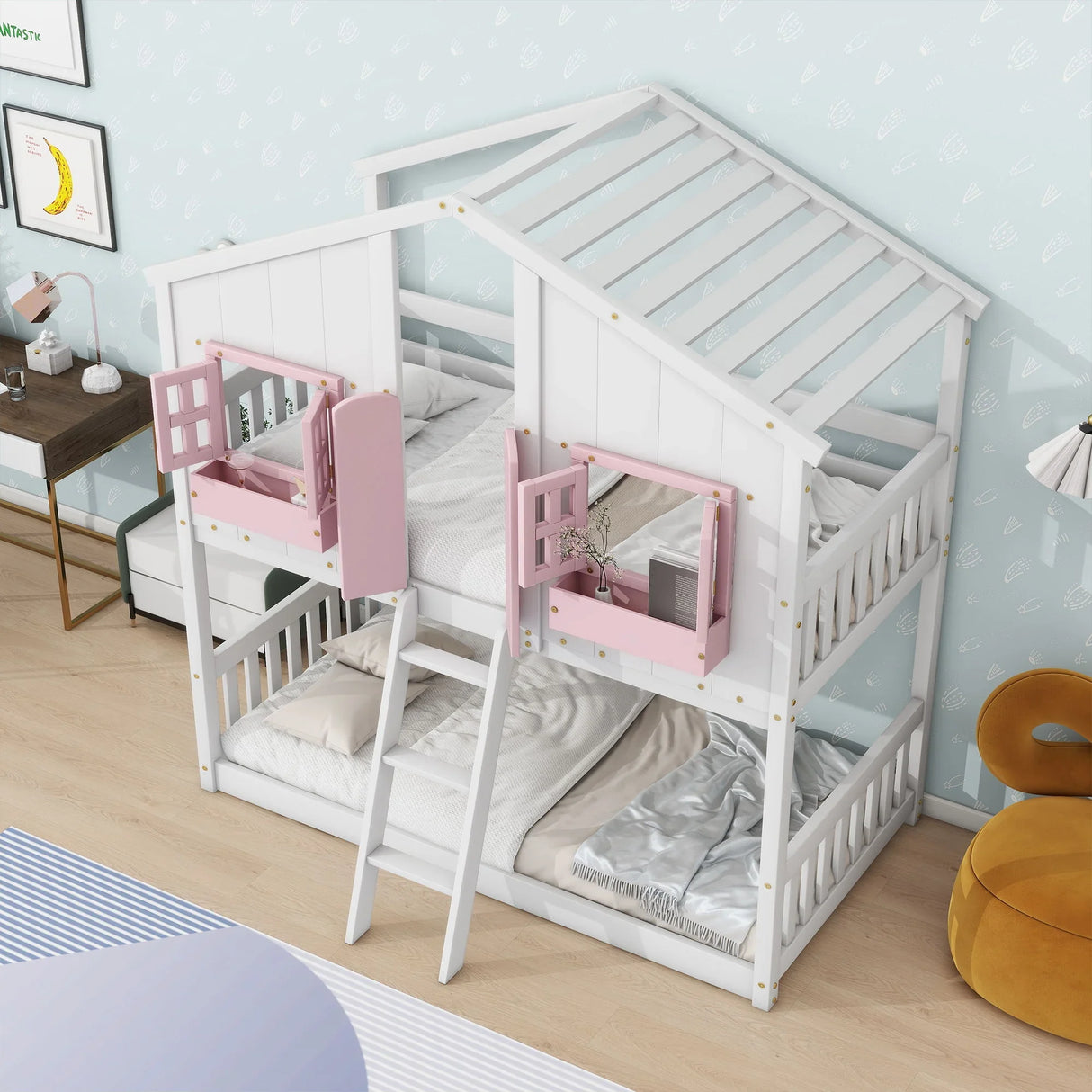 House Bunk Bed With Roof, Window, Window Box, Door, With Safety Guardrails And Ladder - Furniture Home Direct