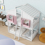 House Bunk Bed With Roof, Window, Window Box, Door, With Safety Guardrails And Ladder - Furniture Home Direct