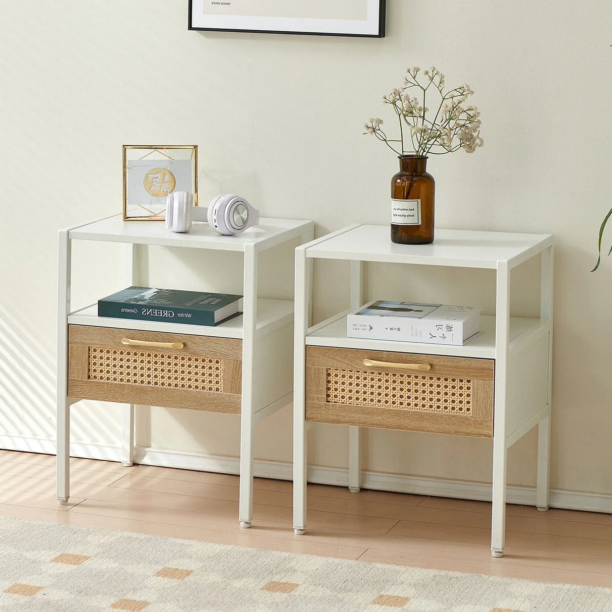 Rattan End Table With Drawer, Modern Nightstand, Metal Legs, Side Table For Living Room, Bedroom - Furniture Home Direct