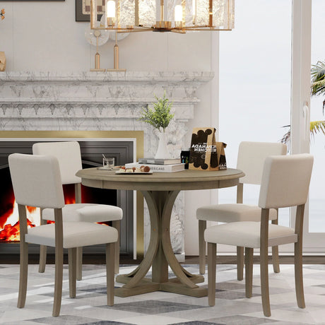 Retro Round Dining Table Set With Curved Trestle Style Table Legs And Upholstered Chairs For Dining Room - Furniture Home Direct