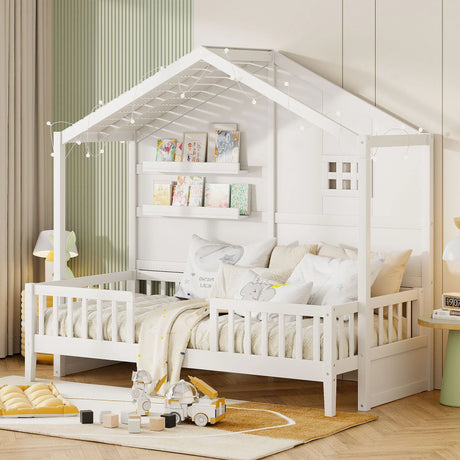 House Bed With Shelves, Window And Sparkling Light Strip On The Roof - Furniture Home Direct