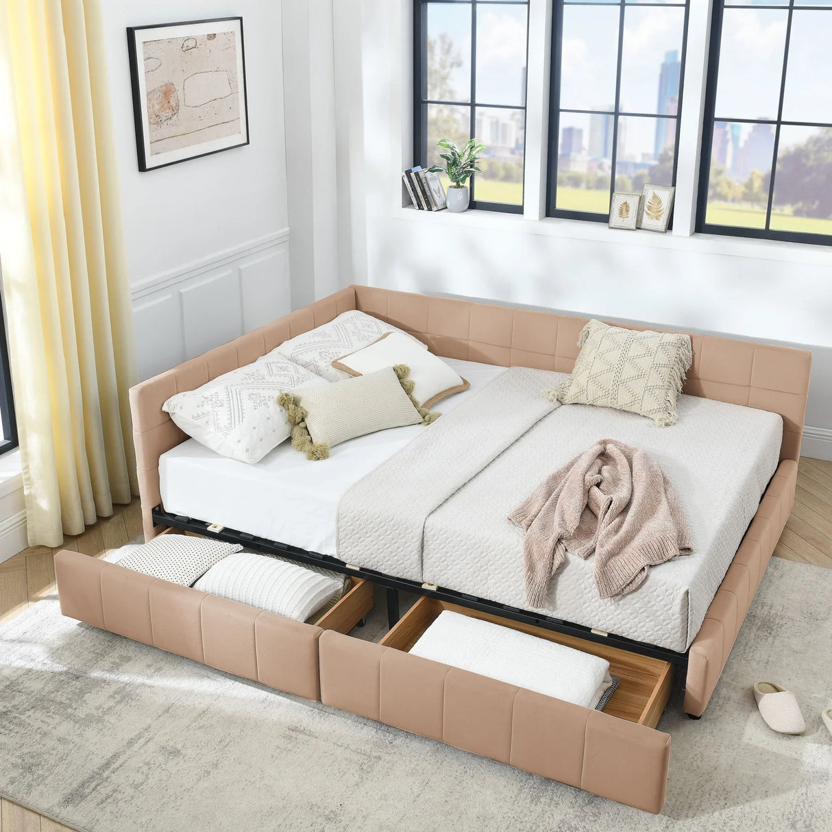 Mid-Century Storage Upholstered Tufted Bed Frame With Backrest And Armrests - Furniture Home Direct