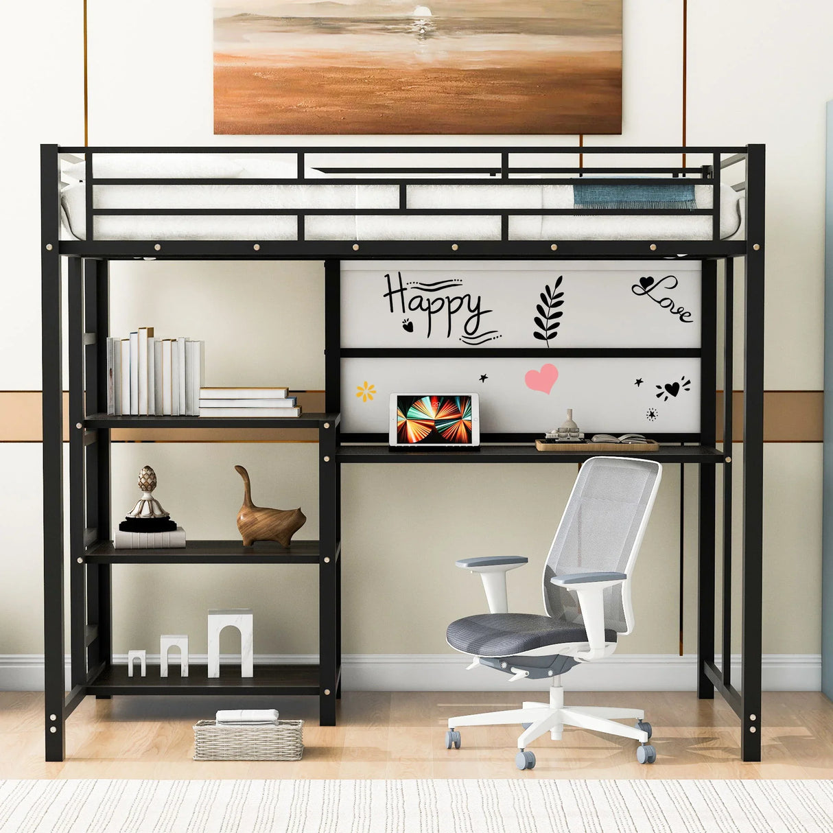 Metal Loft Bed With Desk, 3 Shelves And Ladder - Furniture Home Direct