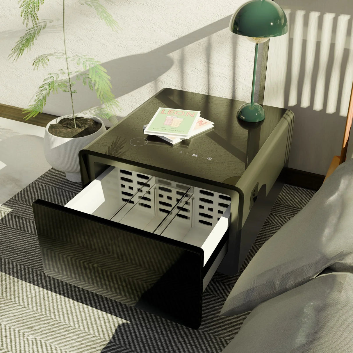 Modern Smart Side Table With Built-In Fridge, Wireless Charging, Temperature Control, Power Socket, USB Ports, Outlet Protection, Induction Light - Furniture Home Direct