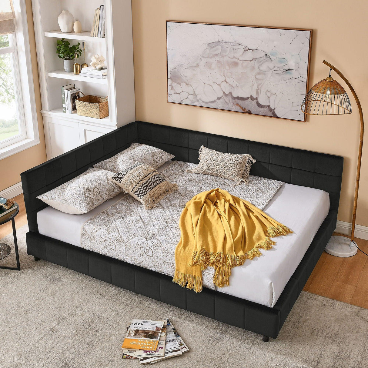 Mid-Century Storage Upholstered Tufted Bed Frame With Backrest And Armrests - Furniture Home Direct