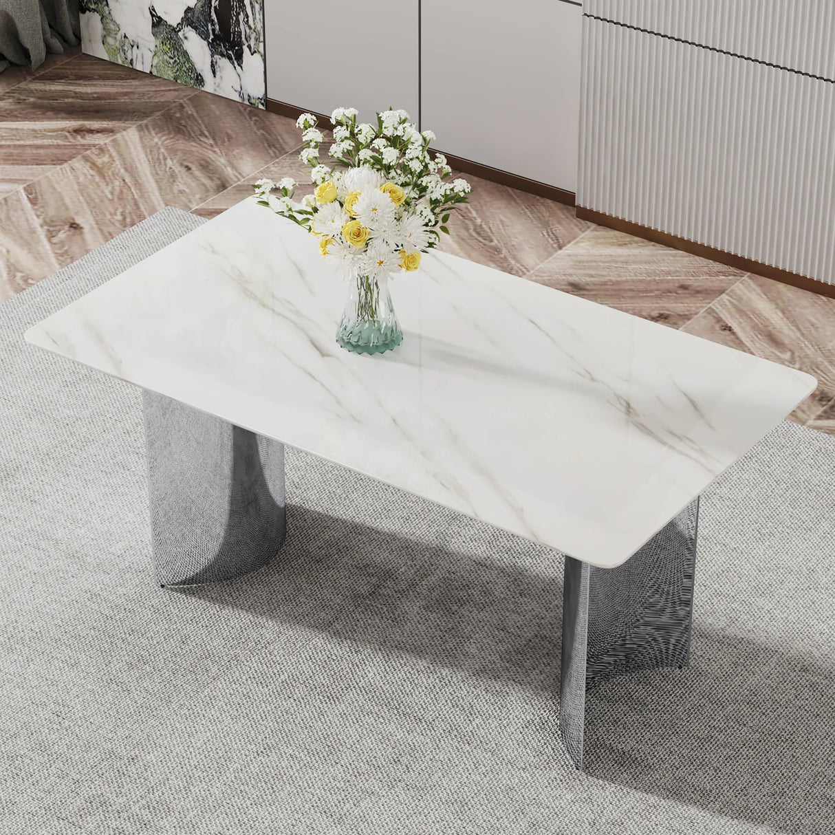 Dining Table Modern Faux Marble Top Chrome Base White - Furniture Home Direct