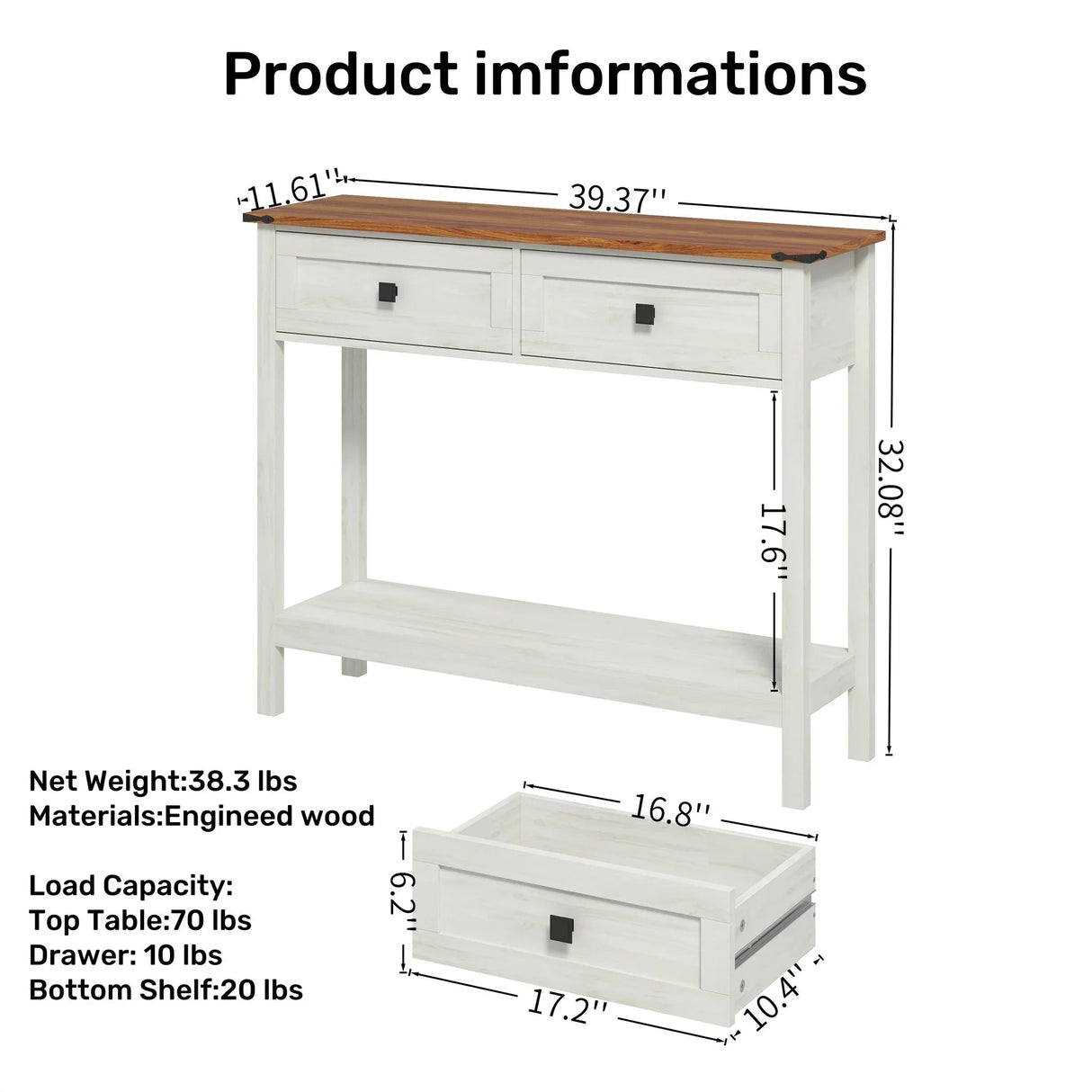 Farmhouse Style Console Table With 2 Drawers And Bottom Storage Shelf - Furniture Home Direct