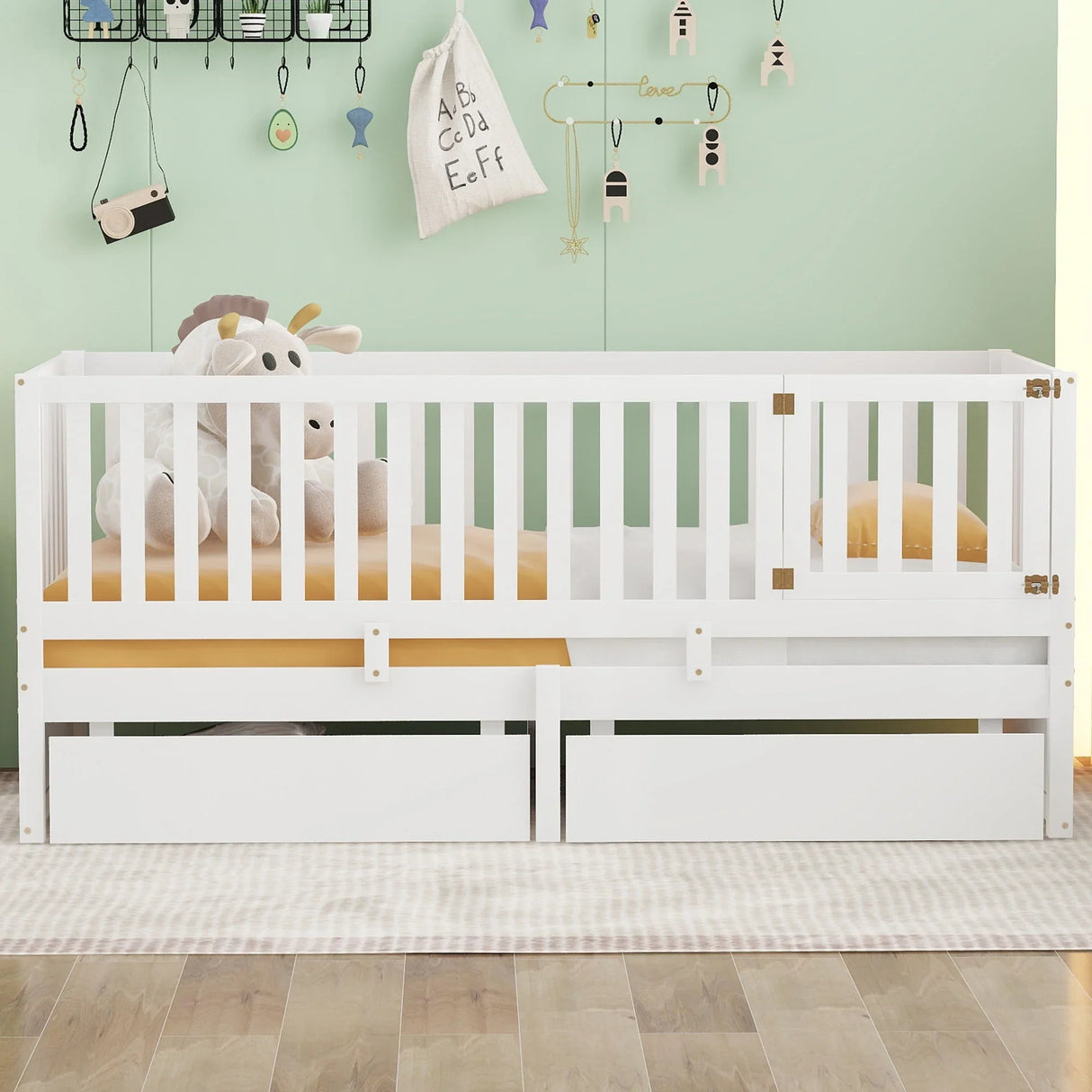 Daybed With Fence Guardrails And 2 Drawers, Split Into Independent Floor Bed & Daybed - Furniture Home Direct