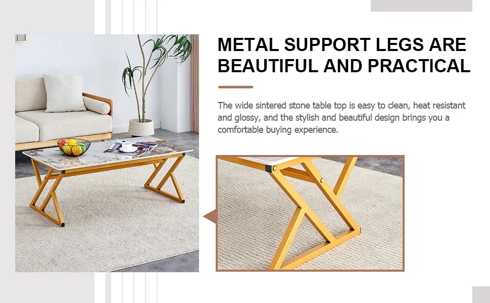 Coffee Table Marble Pattern Rectangular Gold Frame White - Furniture Home Direct