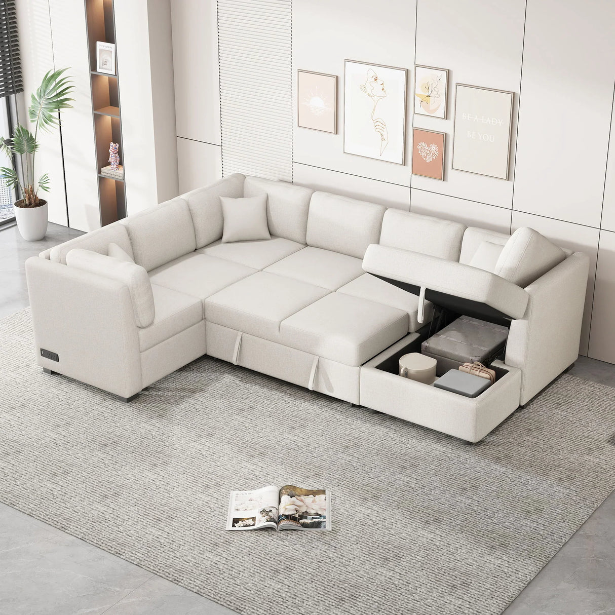 U-Shaped Sectional Sofa Pull Out Sofa Bed With Two USB Ports, Two Power Sockets, Three Back Pillows And A Storage Chaise For Living Room - Furniture Home Direct