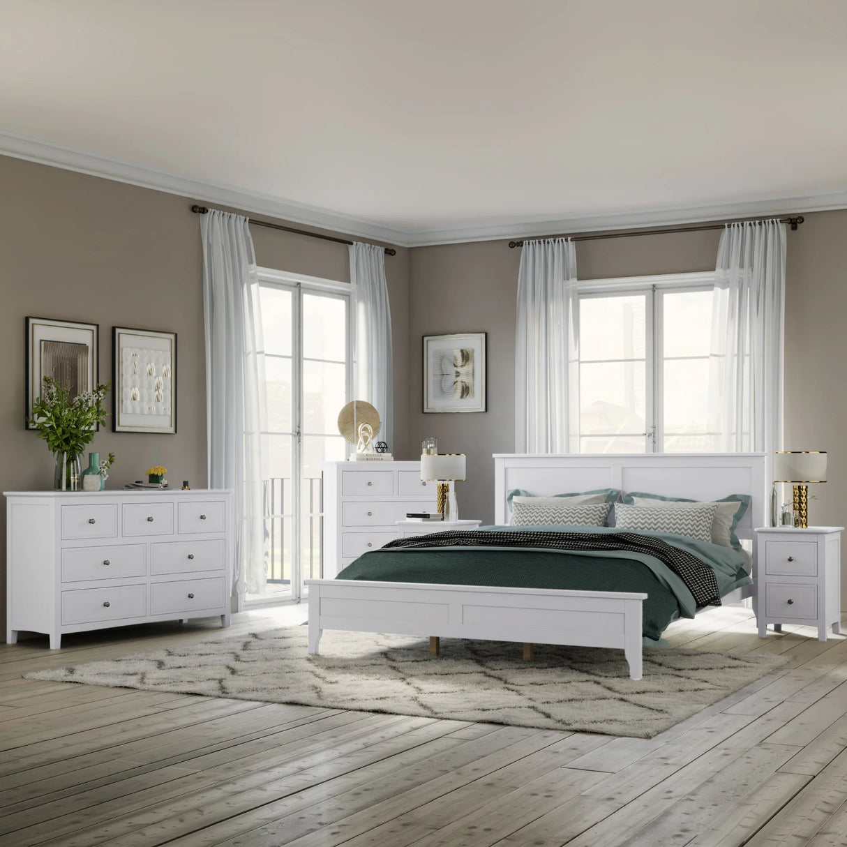 White Solid Wood 5 Piece Queen Bedroom Set(bed, 2 nightstands,chest,dresser) - Furniture Home Direct