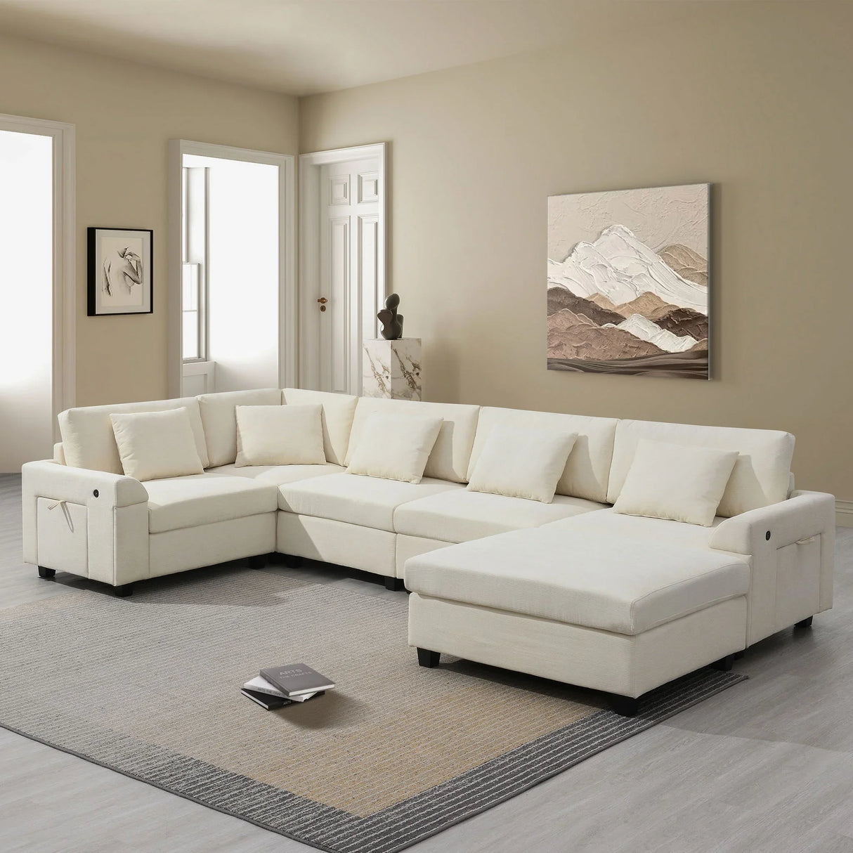 U Shaped Sectional Sofa 6 Seat Couch Set With Oversized Ottoman, Hidden Armrest Storage And Cup Holders USB Charging Ports Wide Seat Sofa - Furniture Home Direct