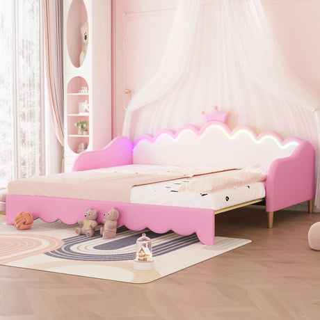 Extending Daybed With LED Lights, Modern Upholstered Princess Daybed With Crown Headboard - Furniture Home Direct