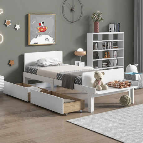Twin Bed With Footboard Bench, 2 Drawers - White - Furniture Home Direct