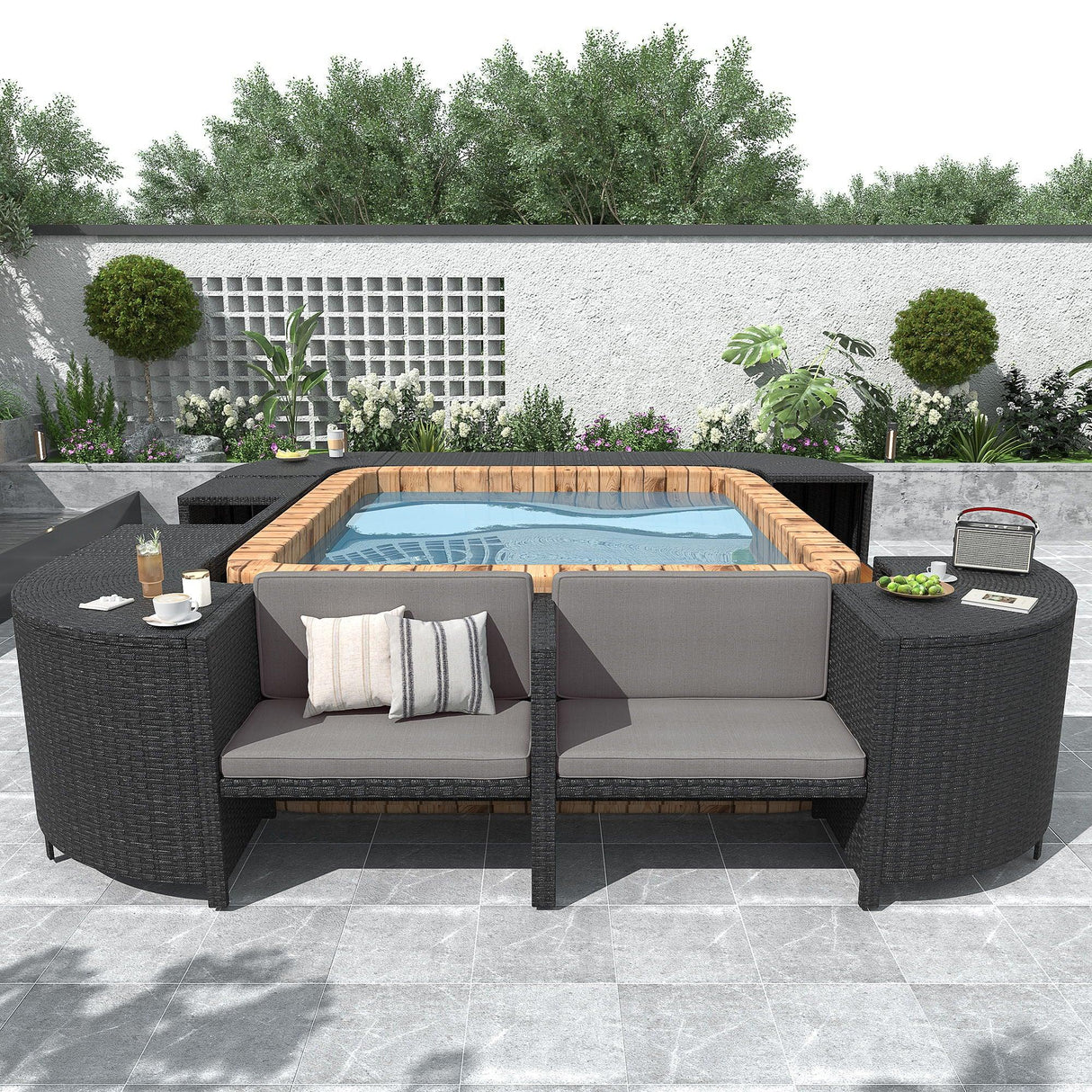 Spa Surround Spa Frame Quadrilateral Outdoor Rattan Sectional Sofa Set With Mini Sofa, Wooden Seats And Storage Spaces - Furniture Home Direct