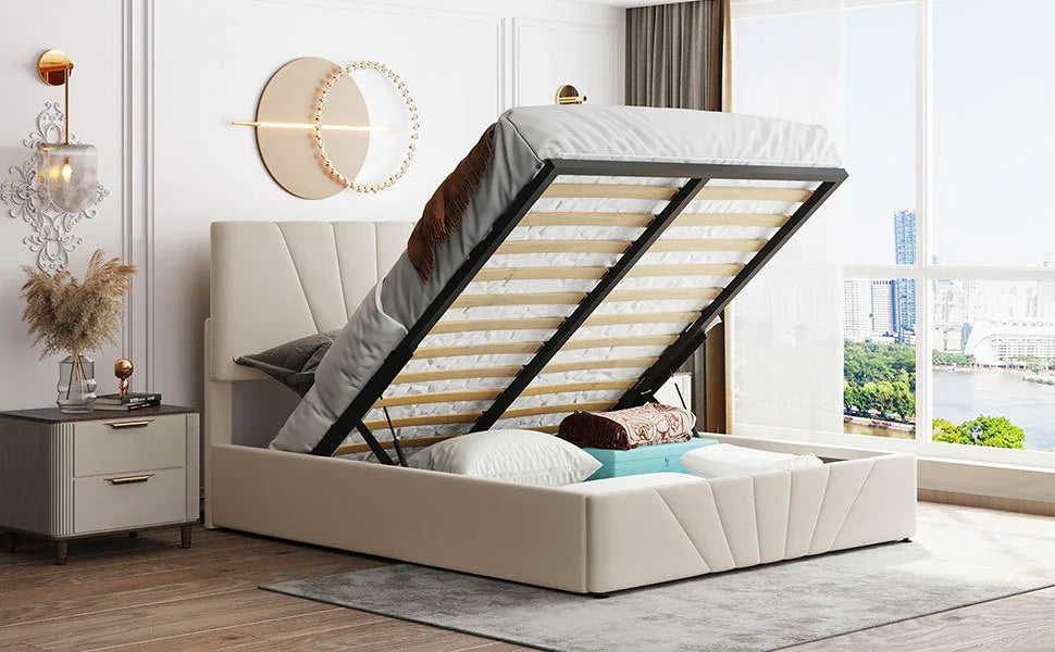 Storage Bed With Lift Platform Upholstered Queen Beige - Furniture Home Direct