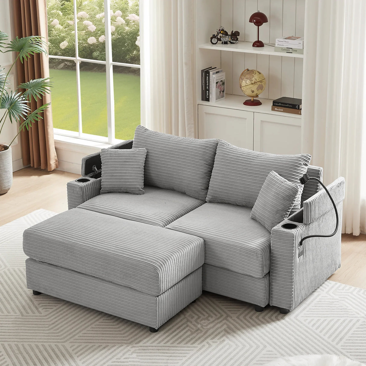 Modern Style Loveseat With Storage, Ottoman, Two USB Ports, Two Cup Holders and Phone Holder - Gray - Furniture Home Direct