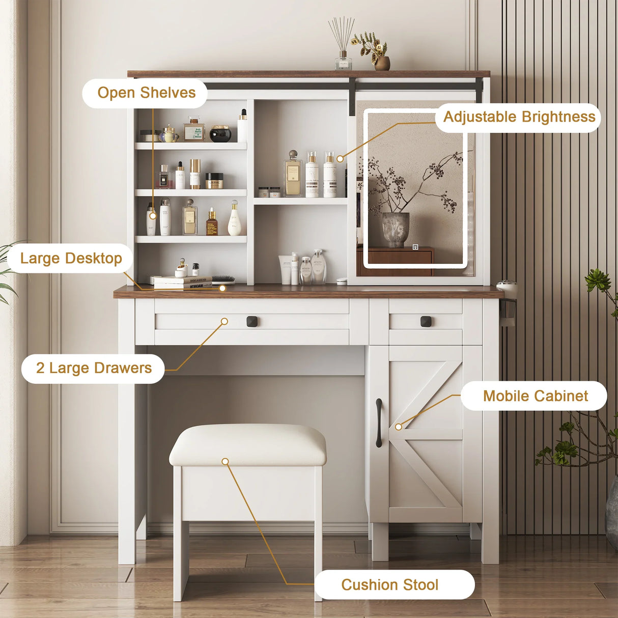 Vanity Desk With Sliding Mirror And LED Lights White - Furniture Home Direct