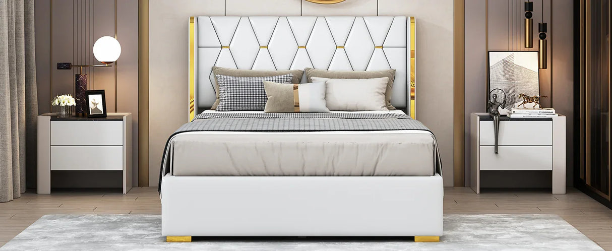 Full Size Upholstered Platform Bed Metal Strips Off White - Furniture Home Direct