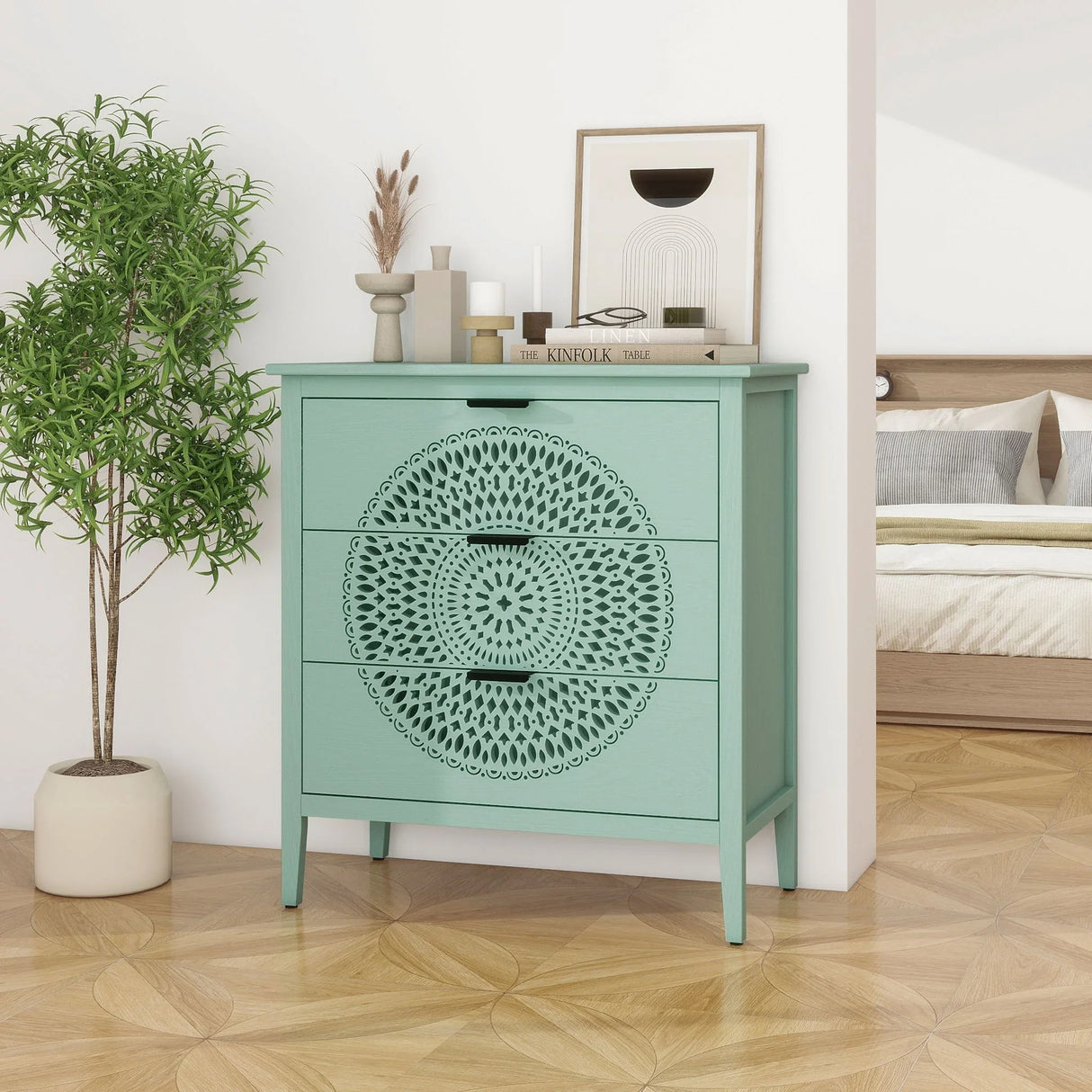 3 Drawer Storage Cabinet With Hollow Carved Design And Metal Handles, Chest For Entryway, Living Room Or Bedroom - Light Green - Furniture Home Direct