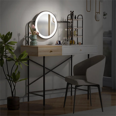 Vanity Desk With Lighted Round Mirror and Storage White - Furniture Home Direct