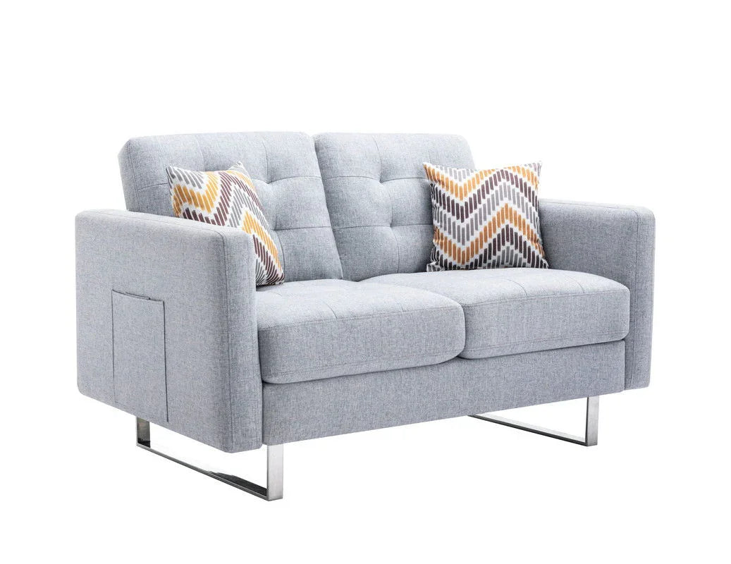Victoria - Linen Fabric Loveseat With Metal Legs, Side Pockets, And Pillows - Furniture Home Direct