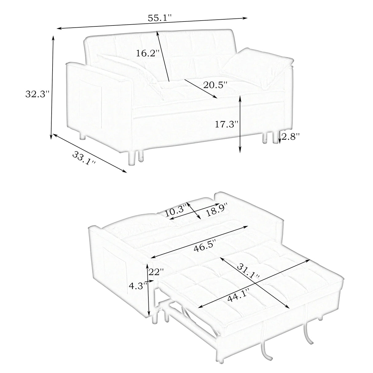 54.30-inch Love Seat with Pull Out Bed - beige - Furniture Home Direct