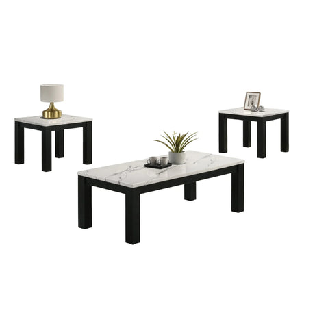 Modern 3 Piece Living Room Table Set With Faux Marble Top Wooden - Black / White - Furniture Home Direct