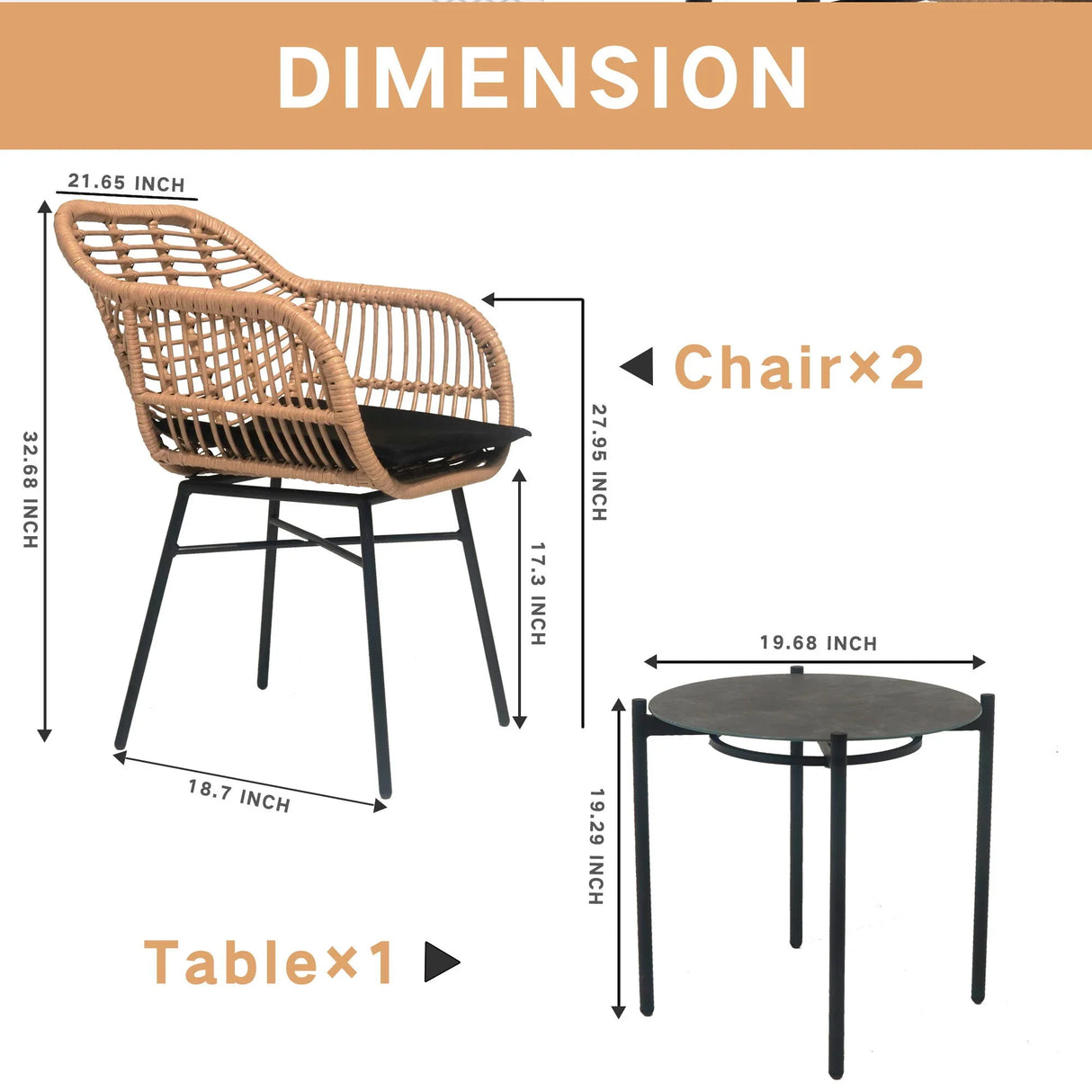 3 Pieces Of Luxury Outdoor Wicker Furniture, Patio Bistro Style Table And Chair Combination, Weather Resistant PE Wicker Weave, Suitable For Garden - Black / Natural - Furniture Home Direct