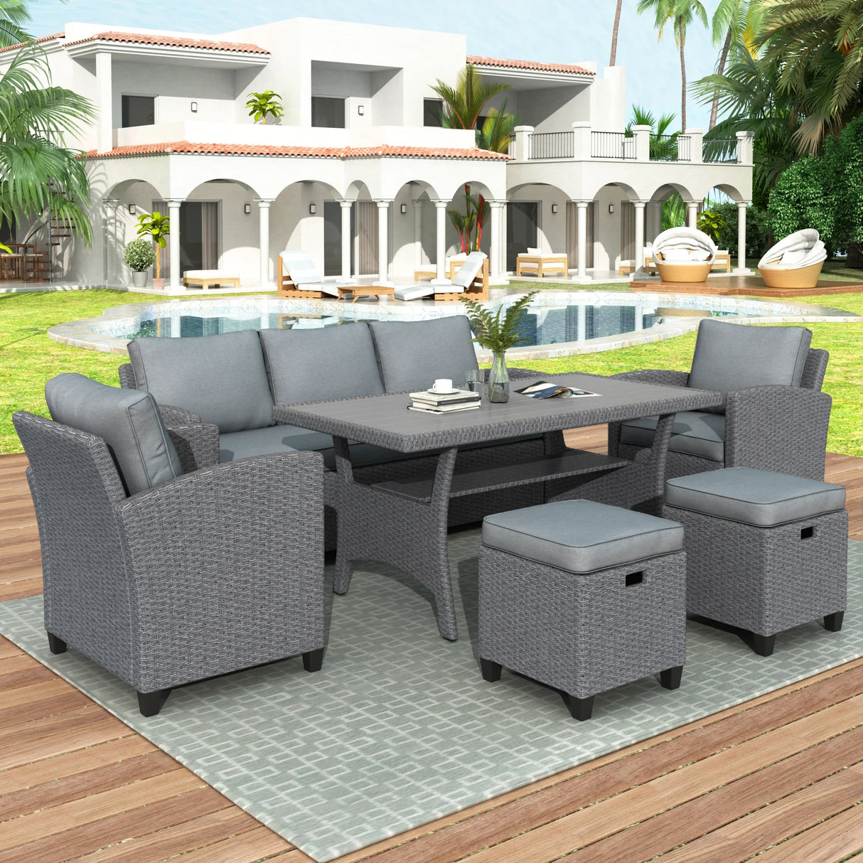 6-Piece Outdoor Wicker Set - Gray - Furniture Home Direct