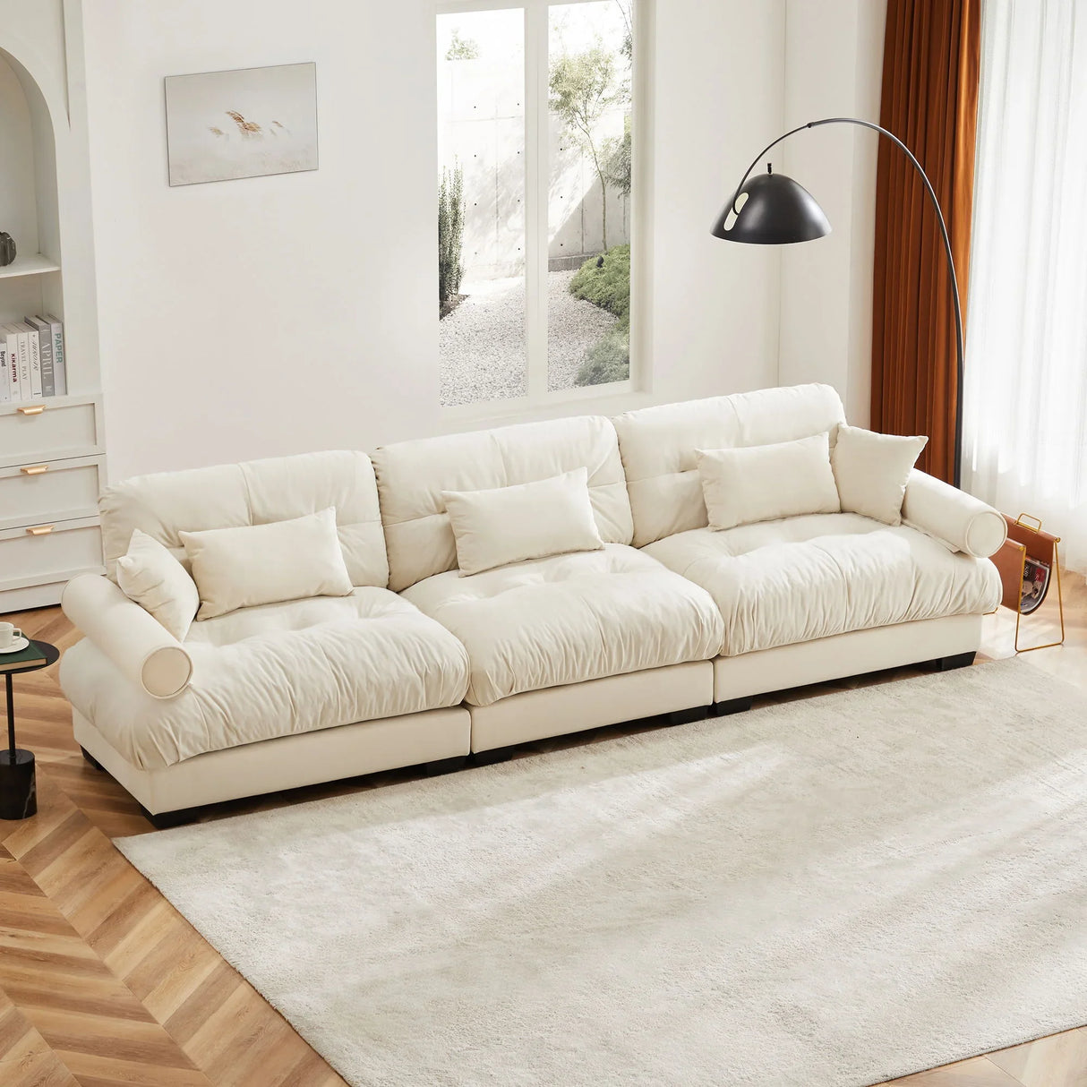 Modern Velvet Sofa With Bolstered Armrests And Pillows - Furniture Home Direct
