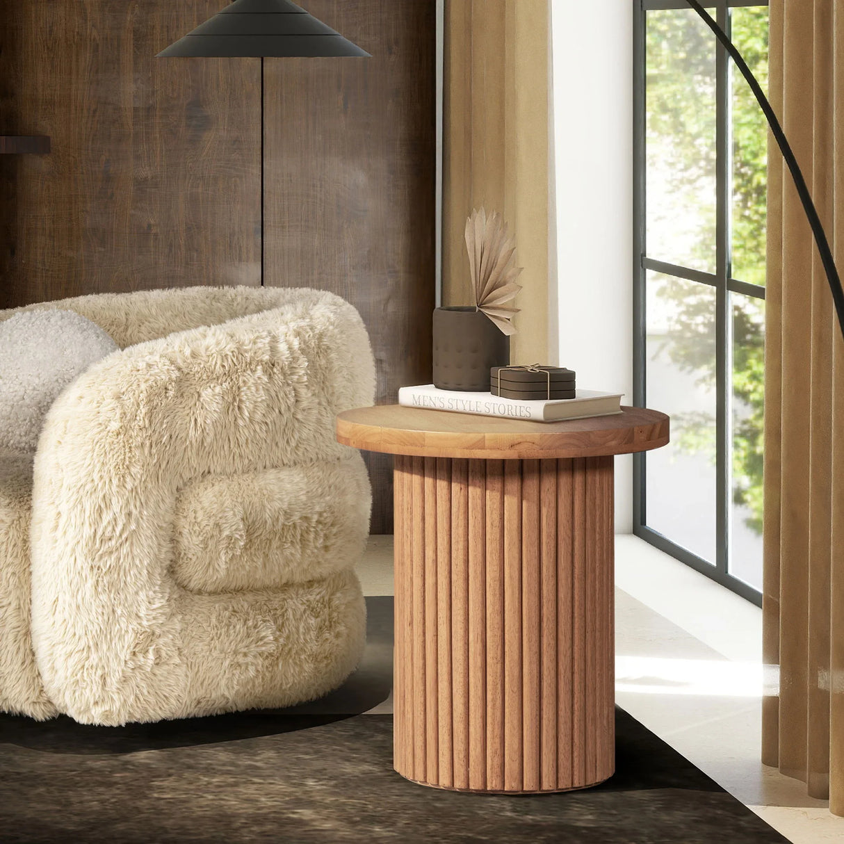 Kenzie - Fluted Pillar Round Accent Side Table - Light Natural Brown - Furniture Home Direct