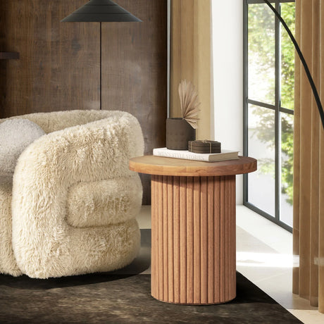 Kenzie - Fluted Pillar Round Accent Side Table - Light Natural Brown - Furniture Home Direct