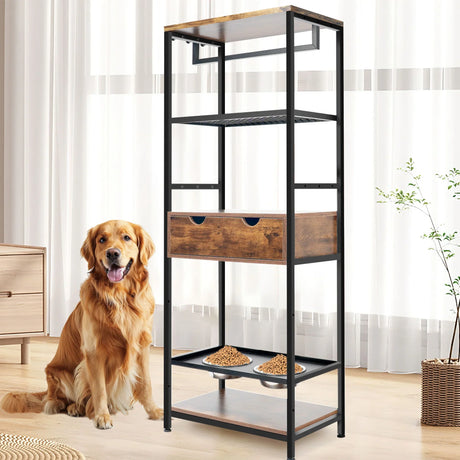 Dog Feeding Station, 3 Height Adjustable Raised Dog Bowls, Dog Feeder Station For Large Medium Dogs Cats, Dog Storage With Shelves - Black / Dark Brown - Furniture Home Direct