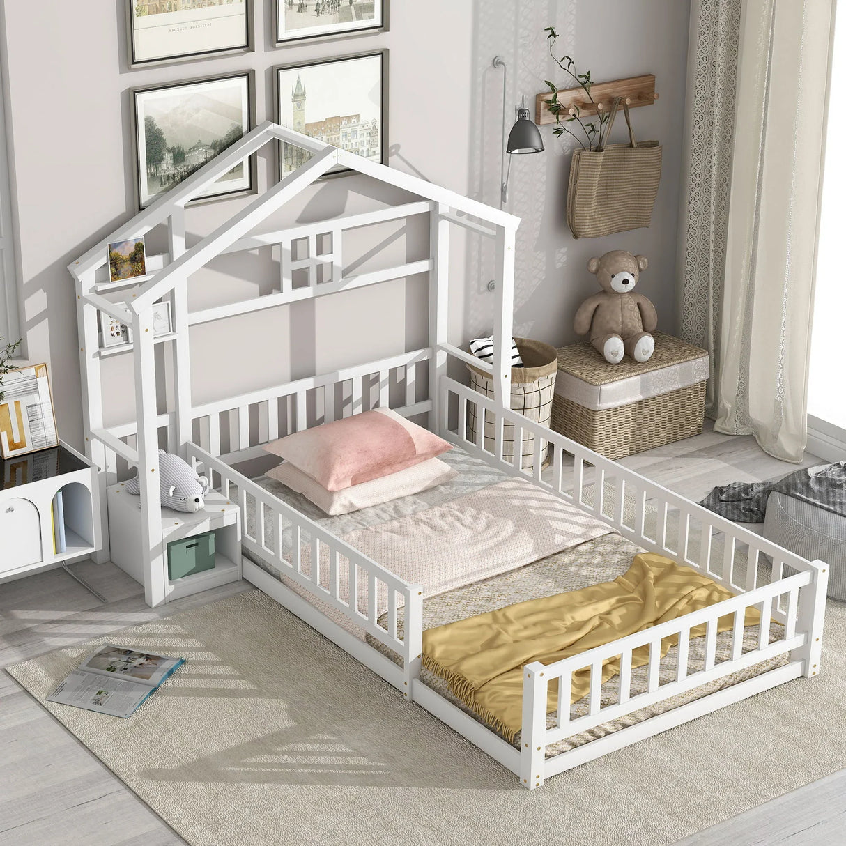 House-Style Headboard Floor Bed With Fence Guardrails Without Cushion - Furniture Home Direct