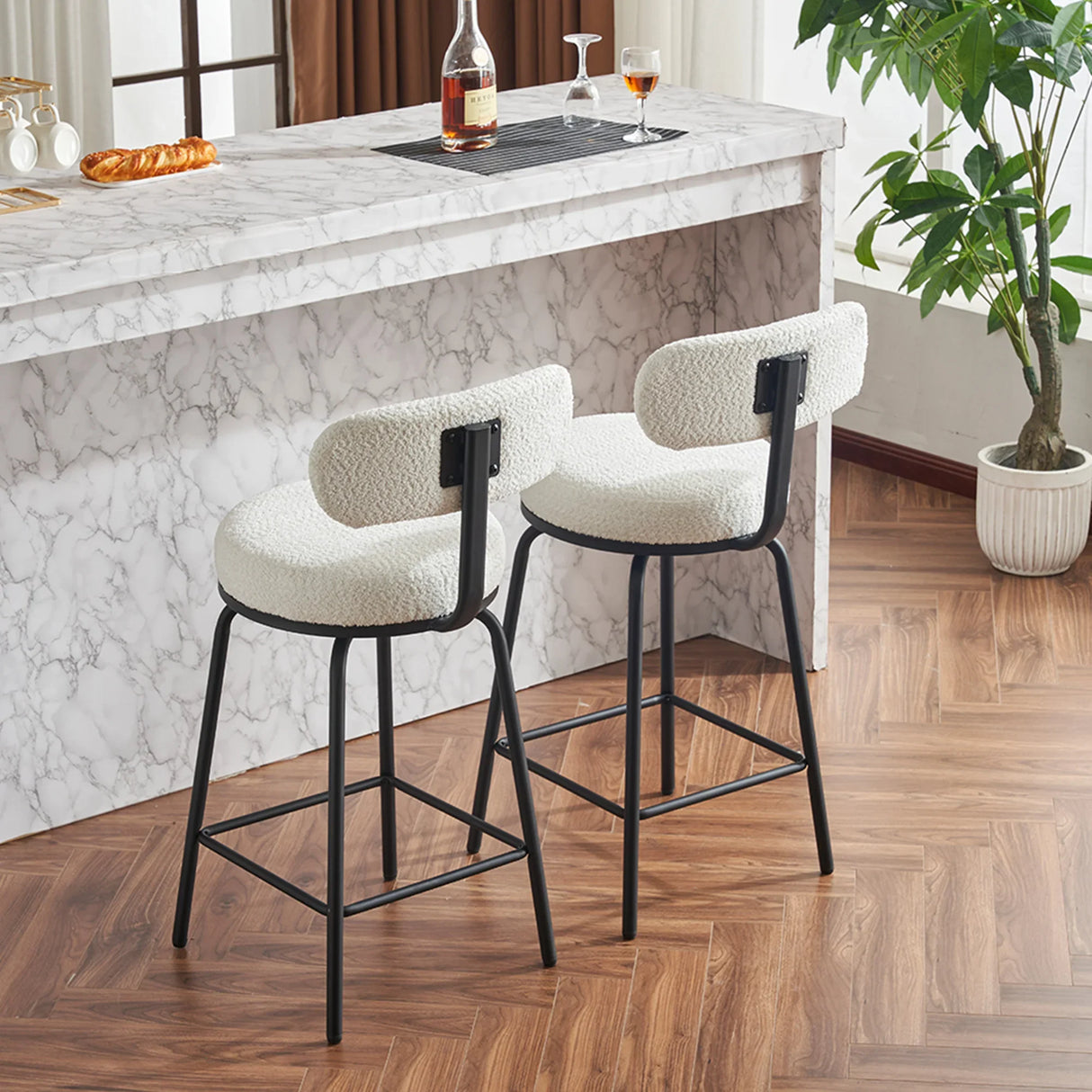 Counter Height Bar Stool Swivel Fabric Upholstery White - Furniture Home Direct