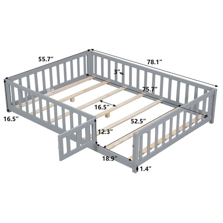 Montessori - Full Size Wooden Floor Platform Bed With Fence And Door, Montessori Floor Bed Frame With Support Slats For Toddlers - Gray - Furniture Home Direct
