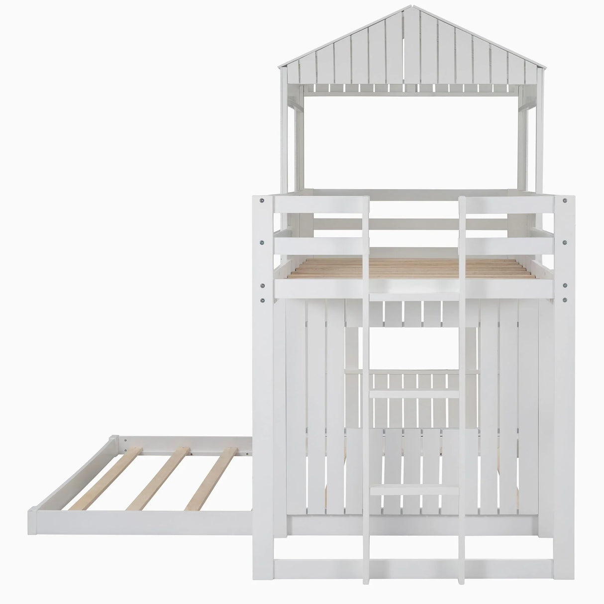 Twin Over Full Bunk Bed, With Playhouse, Farmhouse, Ladder And Guardrails - White - Furniture Home Direct