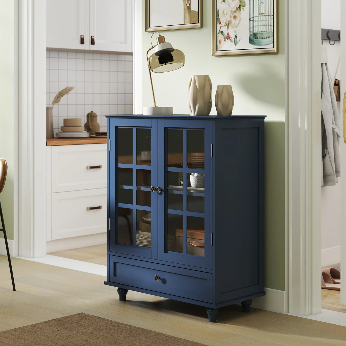 Minimalist Buffet Cabinet With Double Glass Doors And Drawer - Furniture Home Direct