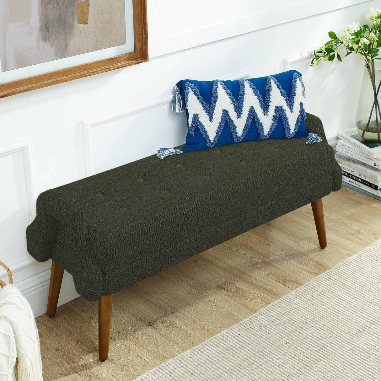 Modern Living Room Bench With Looped Yarn Fabric And Rubber Wooden Legs - Furniture Home Direct