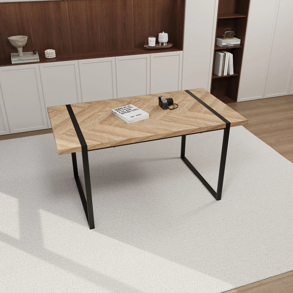 Modern Industrial Dining Table 59" Rectangular Light Wood With Metal Legs For 4 - 6 People - Natural Wood