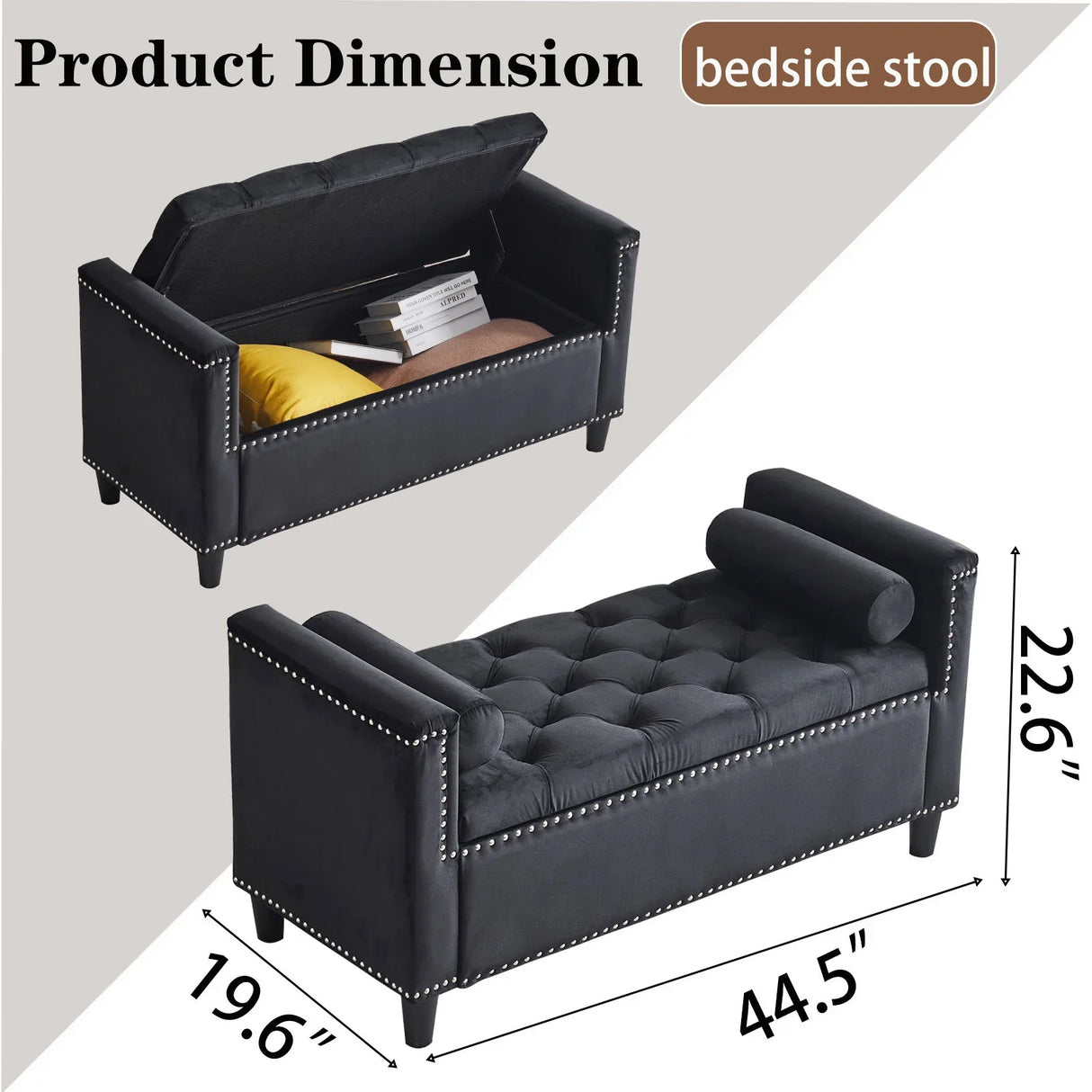 Queen Velvet Button Bedside Storage Bench With Armrests, Nailhead Trim - Furniture Home Direct