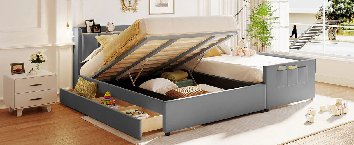 Platform Bed Upholstered Storage Hydraulic Drawers Gray - Furniture Home Direct
