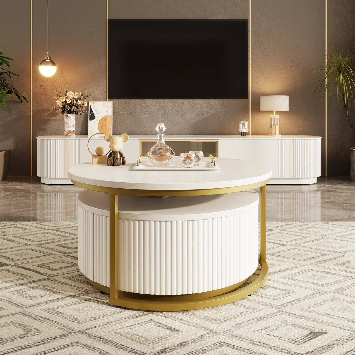 Round Nesting Coffee Table Fluted Drawer Gold and White - Furniture Home Direct