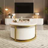 Round Nesting Coffee Table Fluted Drawer Gold and White - Furniture Home Direct