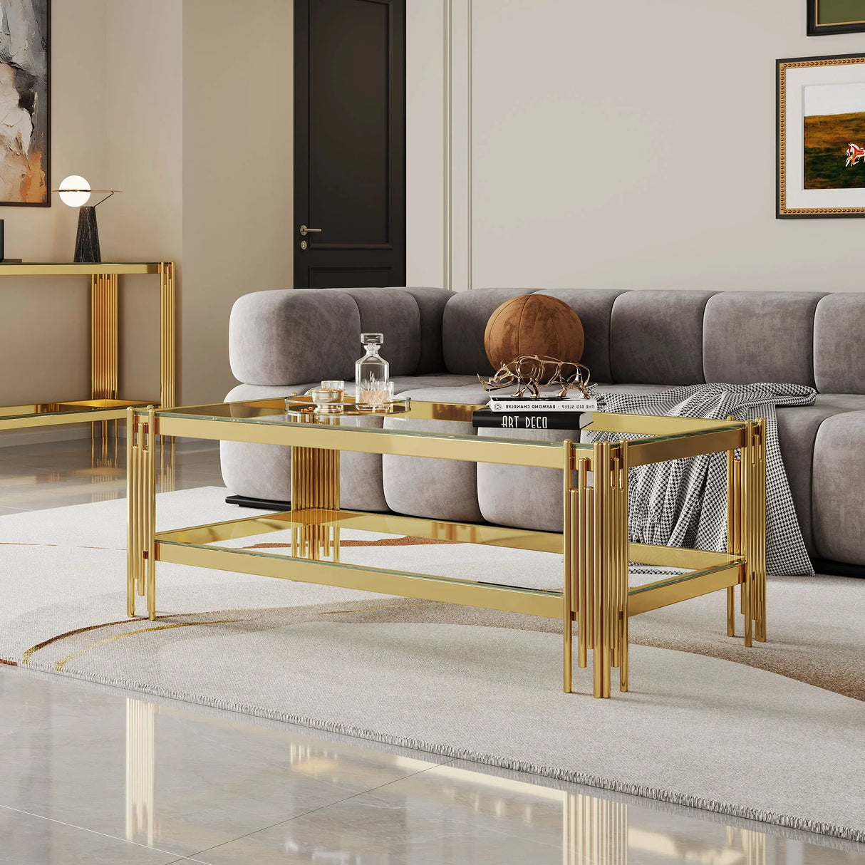 Top And Bottom Double Layer Tempered Glass Table And Mirror Finished Stainless Steel Frame - Furniture Home Direct