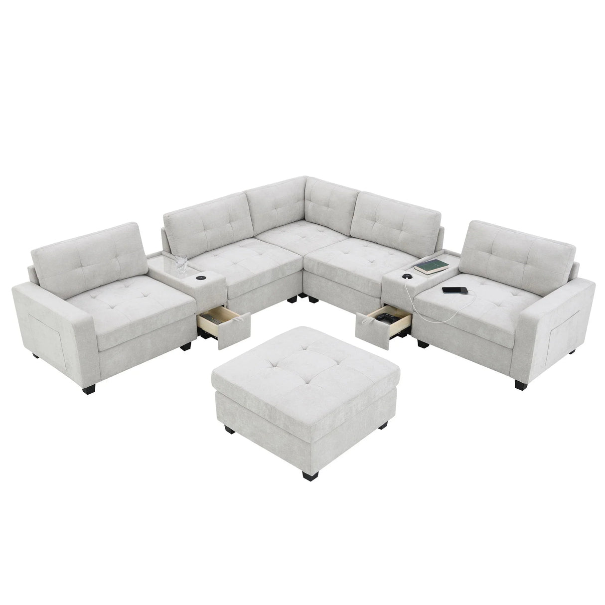 Sectional With Acrylic Table Top U Shaped Couch Set With 2 Consoles USB Charger, Storage Drawers And Pockets Movable Ottoman Tufted Sofa - Furniture Home Direct